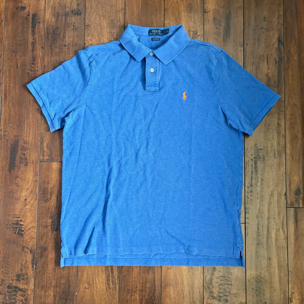Ralph Lauren Polo Shirt Mens L Blue Orange Pony Classic Fit 100% Cotton Golf